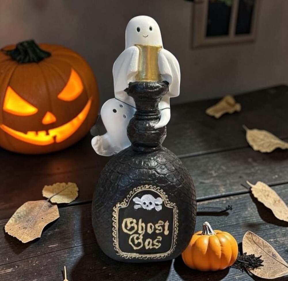 Creepy Cottage Ghost Gas Bottle With Bone Size 8 Inch Black And White Halloween